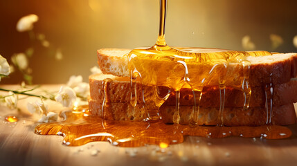 A stack of toast with honey dripping from it