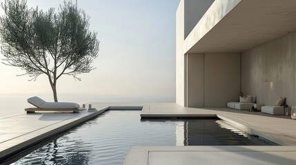Fototapeta premium Minimalist luxury poolside with modern architecture and serene outdoor space at sunset