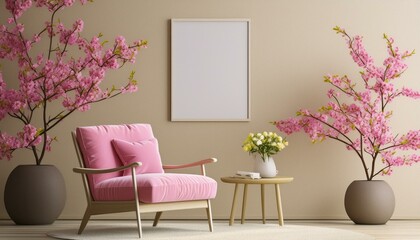 Mockup poster frame in modern interior, beige room with pink chair, decoration and flowers, 3d render