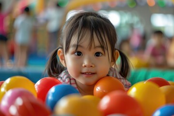 Fototapeta premium The little girl plays with colorful games