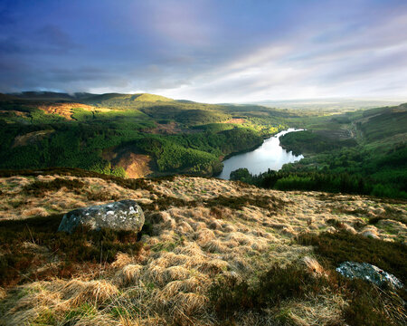 Beautiful sunny landscape in Loch Trool Galloway forest national park Scotland, UK