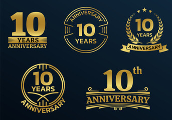 10 years icon or logo set. 10th anniversary celebrating golden sign or stamp. Jubilee, birthday celebration design element. Vector illustration.