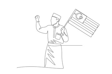 Excited Malay man holding the Malaysian flag. Malaysia independence day concept one-line drawing
