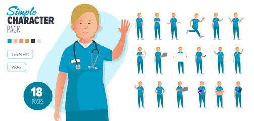 Simple flat female nurse woman vector character in a set of multiple poses. Easy to edit and isolated on a white background. Modern trendy style character mega pack with lots of poses.