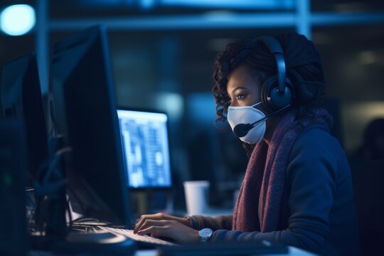 One African American contact center telemarketing agent wearing face mask for health and safety chatting on headset in office. Female consultant on covid pandemic