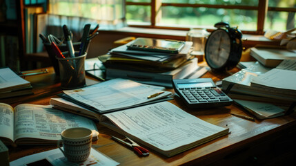Obraz premium A cluttered wooden desk with open books, a calculator, a pen holder, and a clock