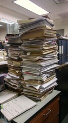 Paper tower: Office desk story about diligence and organization, stacks of documents, overtime work, Labor Day, high work pressure concept, life stress, adulthood is not easy, diligence, not going hom