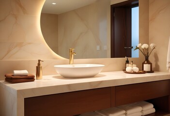 White bathroom interior. Empty marble table top for product display with blurred bathroom interior background. digital ai art