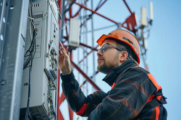 Helmeted male engineer working in the field near a telecommunication tower, inspecting and maintaining 5G network installations on a high-rise structure, ensuring seamless cellular connectivity