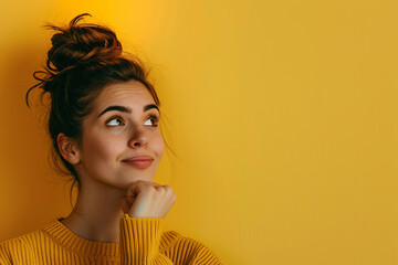 Thoughtful young woman with an inspired expression, conveying the concept of having a great idea or moment of creative insight