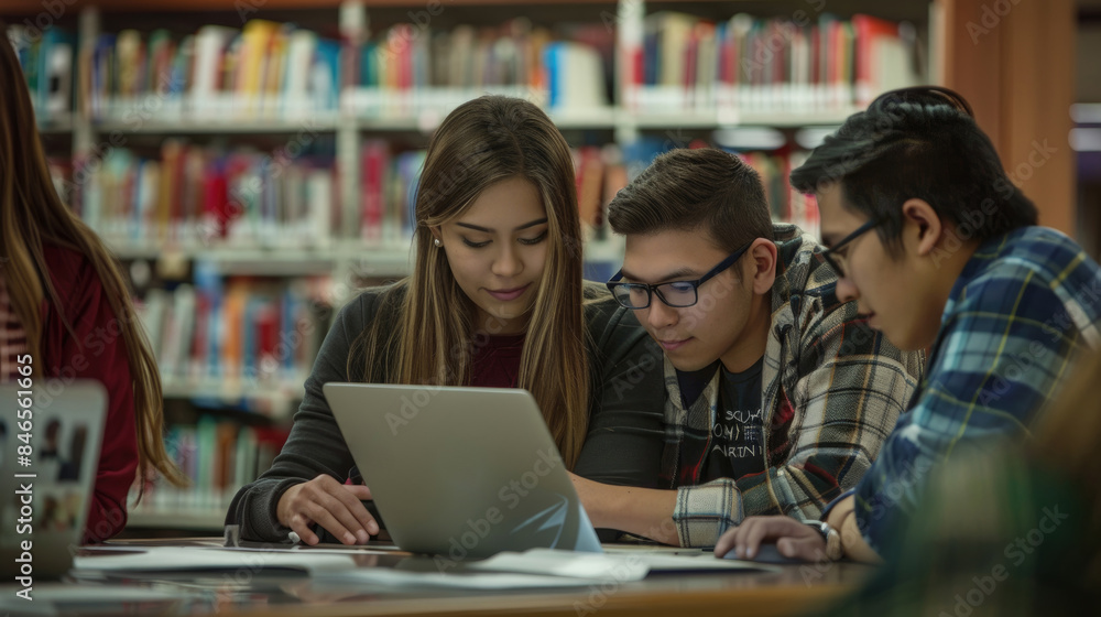 Poster three students are working together on a laptop in a library. they are looking at the screen intentl