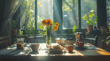 Sunlit breakfast table with flowers, fresh fruits, and coffee in cozy home kitchen