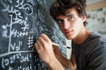 Fototapeta premium Smart young man writing complex mathematical and scientific formulas on a blackboard, demonstrating knowledge and expertise in the fields of math and science education