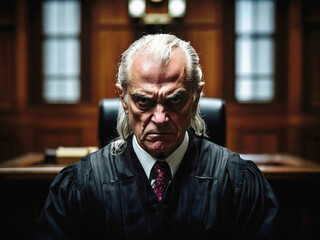 Supreme court, Corrupted dishonest judge in court room, evil people portrait