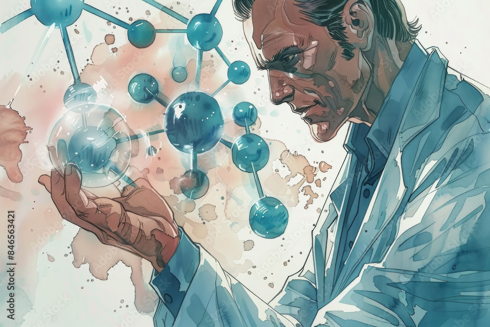Poster a scientist in a lab coat holds a transparent sphere representing a molecular structure. the backgro
