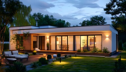 A Modern one-story house with terrace and outdoor lighting, exterior view in the evening