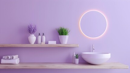 Minimalist Lavender Bathroom with Floating Wooden Shelves and Sleek Decor
