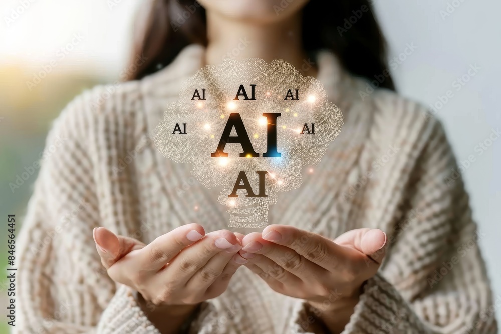 Poster person using a futuristic ai interface on a laptop, representing the seamless integration of technol