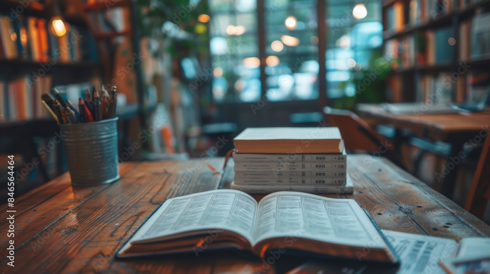 Poster cozy library setting with an open book on a wooden table, surrounded by stacks of books and warm lig