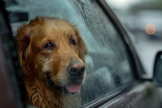 A golden retriever dog looks out of a car window on a rainy day. - Powered by Adobe