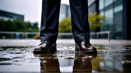 Businessman in suit, lower body, standing wet under rain in puddle of water with reflection