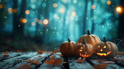 Halloween pumpkins with glowing faces in a spooky forest, Generative AI