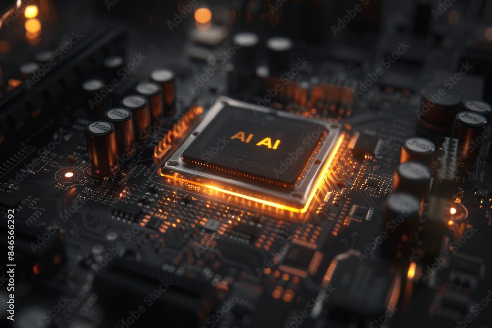 Poster close up of an ai microchip on a circuit board, emphasizing the precision and complexity of modern e