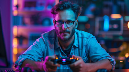 Fototapeta premium A focused man with glasses plays video games in a vibrant, neon-lit room, showcasing modern gaming culture.