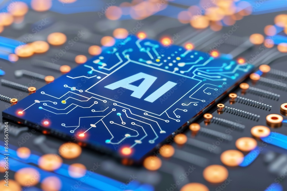 Poster Industrial AI circuitry in a high tech environment, emphasizing the innovation and complexity of modern electronic design 
