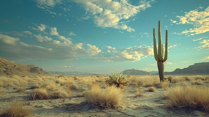 Stunning desert landscape with a tall cactus under a vast sky filled with scattered clouds. Natural beauty and serenity in the wilderness.