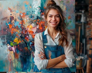Smiling female artist standing confidently in front of her vibrant abstract painting in a creative studio, wearing overalls and a white shirt.