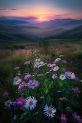 Fototapeta premium High mountain sunrise and wildflowers