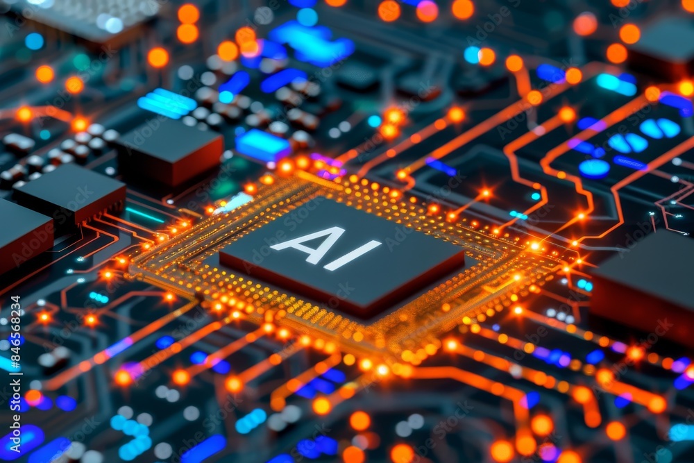 Poster ai microchip on circuit board, high tech computer hardware, orange circuitry, futuristic electronics
