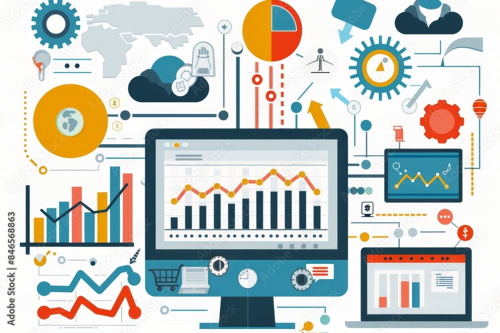 Aufkleber Data analysis with magnifying glass over graph on computer screen, illustrating detailed research and statistical evaluation in business and technology, Gerberative AI