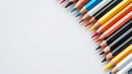 Fototapeta premium Aesthetic white background with colorful pencils. Copy space. Education projects template. Generative AI