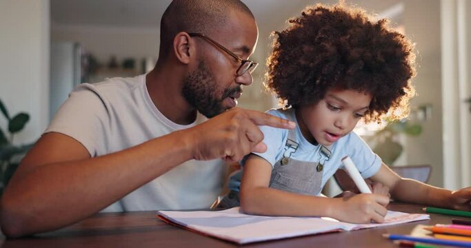 Teaching, writing and father with son for home education, development or support in math or language. African family, man or dad helping boy or child with creative skills, test or guide for school