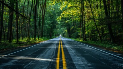 Obraz premium The forest and highway come together in a narrow passage forming a tunnel of trees and concrete. The sunlight breaks through the leaves . AI generation.