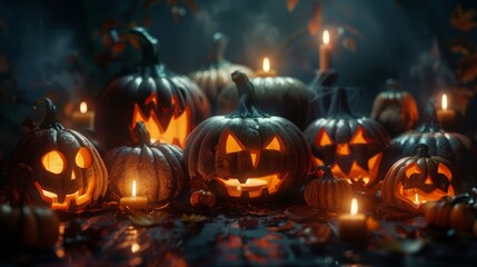 Halloween Jack-O'-Lanterns Glowing with Candles, Generative AI
