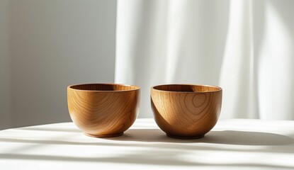 Two wooden cups are placed on a table, minimalistic abstract compositions and a rounded design.