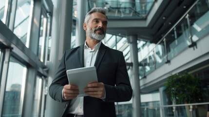 Fototapeta premium Confident businessman in a suit holds a tablet in a modern office building with glass walls. He appears focused and professional, embodying success and leadership.