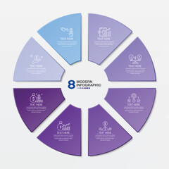 Blue tone circle infographic with 8 steps, process or options.