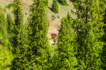 Horses graze in the mountains of the Trans-Ili Range.