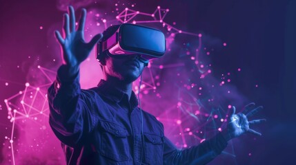 Obraz premium Person wearing a VR headset is immersed in a vibrant, neon-lit digital environment with geometric patterns. The scene represents the futuristic and immersive experience of virtual reality technology.