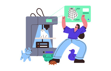 3D printing machine for creation plastic models, prototypes. Modern printer for production of toys, statuettes, figurines. Innovation technology. Flat isolated vector illustration on white background