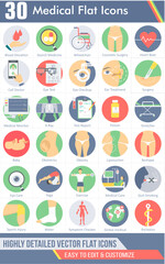 A set of 30 medical icons as blood donation, search medicine, wheel chair