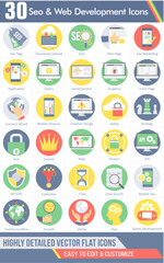 A set of 30 seo and web development icons as seo tags, download upload, seo
