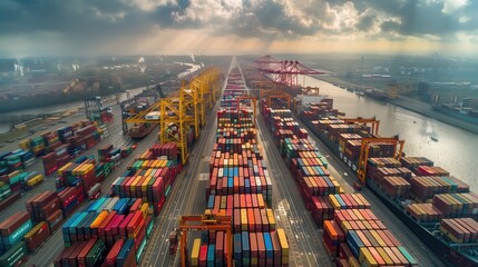 Aerial view of a vast container terminal. Aerial shot of a sprawling container terminal filled with colorful shipping containers and cranes under a cloudy sky.