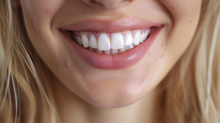 Obraz premium Close-up of a person’s bright, healthy smile, showcasing dental health and oral hygiene.