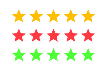 Fototapeta premium Set of flat star ratings - Five gold stars, five red stars, and five green stars, all isolated on a white background. Ideal for product reviews, ratings, and feedback