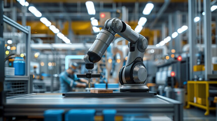 Fototapeta premium Close-up of an industrial robotic arm operating in a modern manufacturing factory, showcasing automation technology and precision engineering.